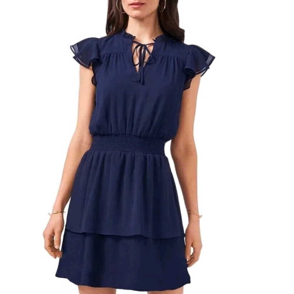 MSK Chiffon Dress Navy Blue Tiered Hem Flutter Sleeve Size PXL